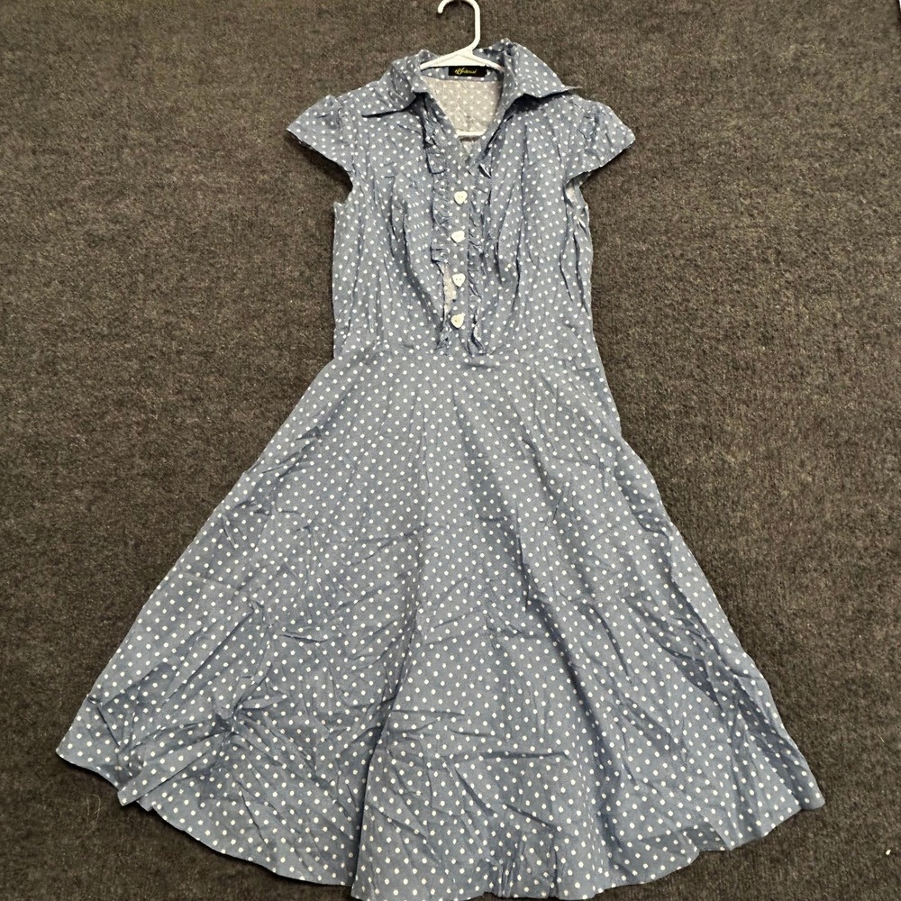 Wedtrend Dress Womens Size S Blue Polka Dot Retro A-Line Cotton Short Sleeve